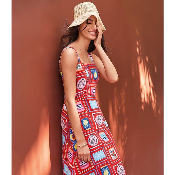 LOFT Can Print Linen Blend Strappy Midi Dress Square Neck Sleeveless Sundress - Picture 12 of 12